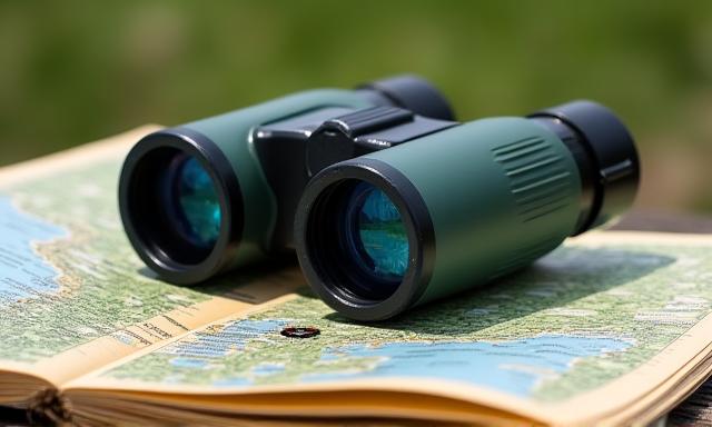 Pair of high-quality binoculars resting on a nature trail map, indicating gear review.