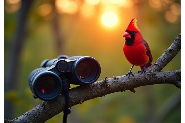 Binoculars viewing a bird on a branch at sunset