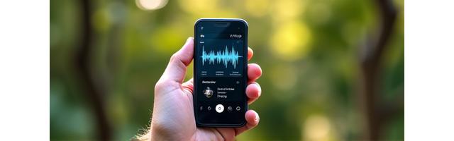 Smartphone displaying a bird call identification app in a natural setting